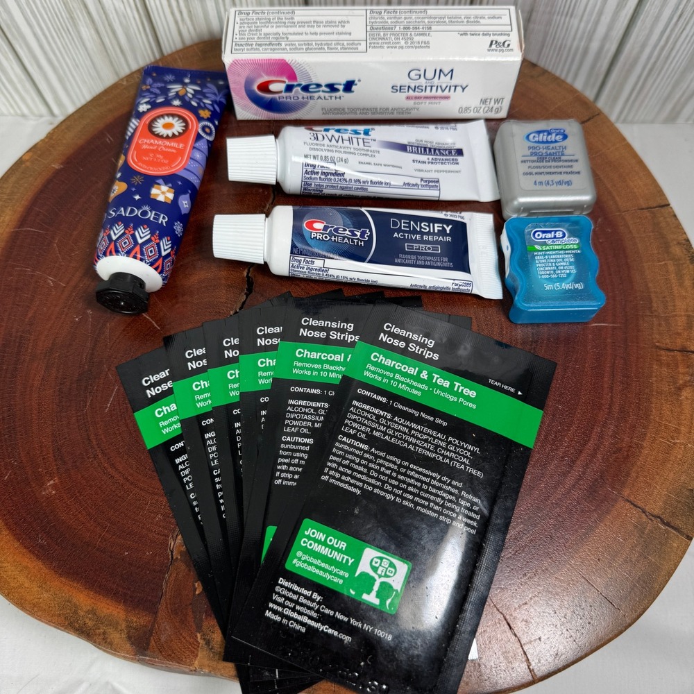 Crest Toothpaste Oral-B Floss Charcoal Nose Strips and Chamomile Hand Cream Set
